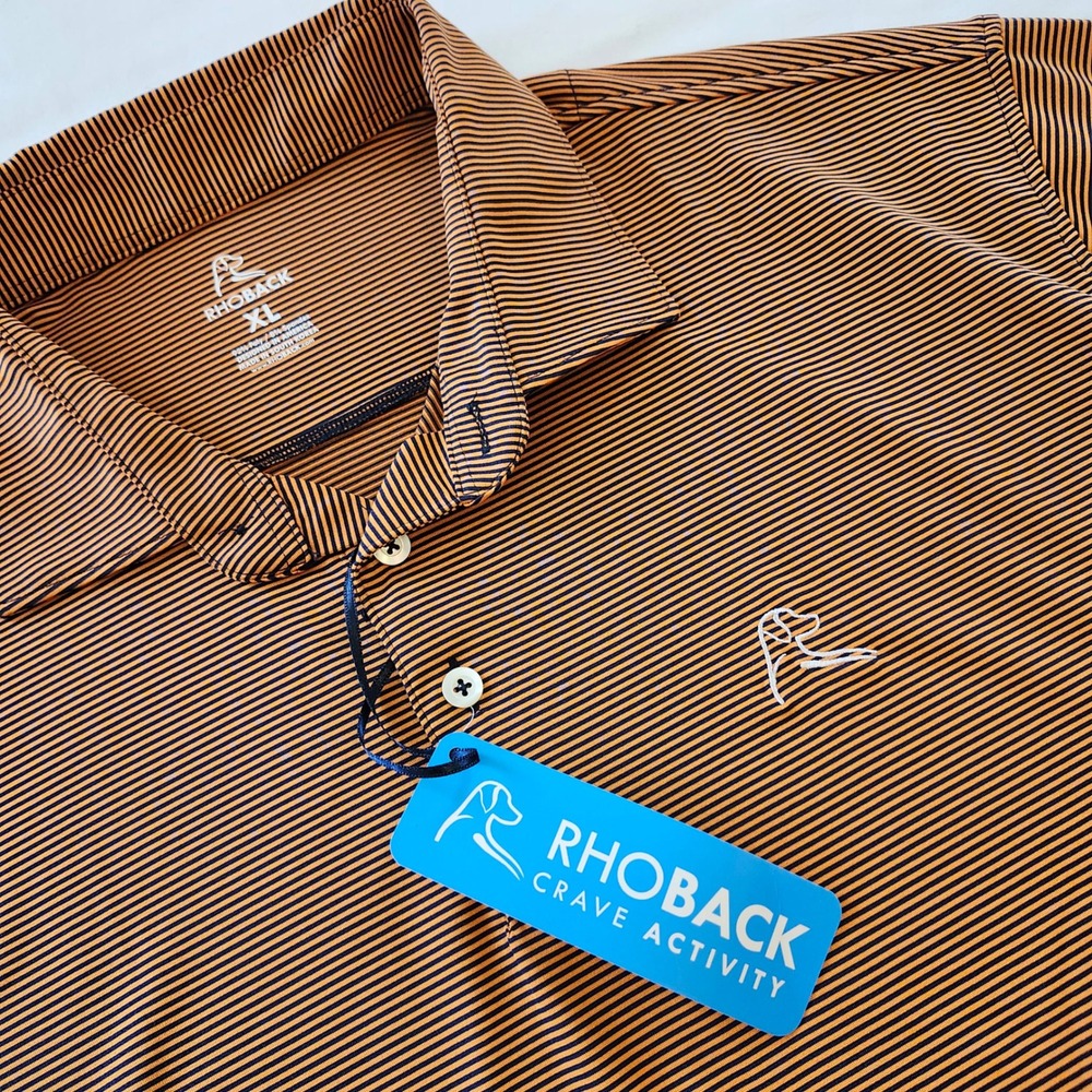 NWT Rhoback The Lawnie Performance Golf Polo Shirt Orange Blue Stripe Men's XL